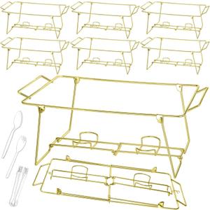Geosar 32 Pack Wire Buffet Rack Stand Folding Chafing Stand Chrome Frame Serving Trays Food Warmer with Plastic Tongs Forks and Spoons for Christmas Thanksgiving Home Party Catering Supplies(Gold)