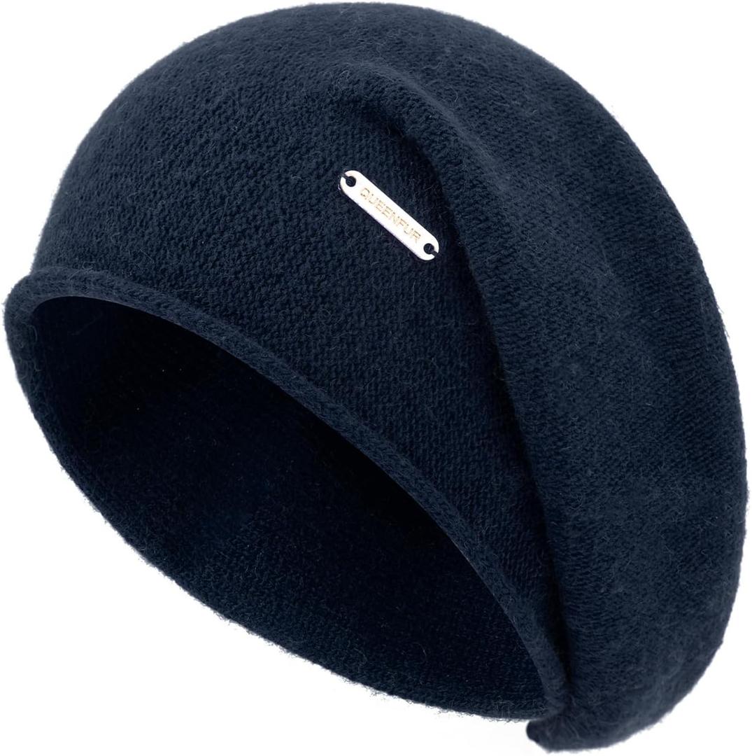 QUEENFUR Knit Slouchy Beanie Hats for Women Cashmere Ski Cap Knitted Wool Soft Warm Winter Hat (One Size, A18-navy Blue)