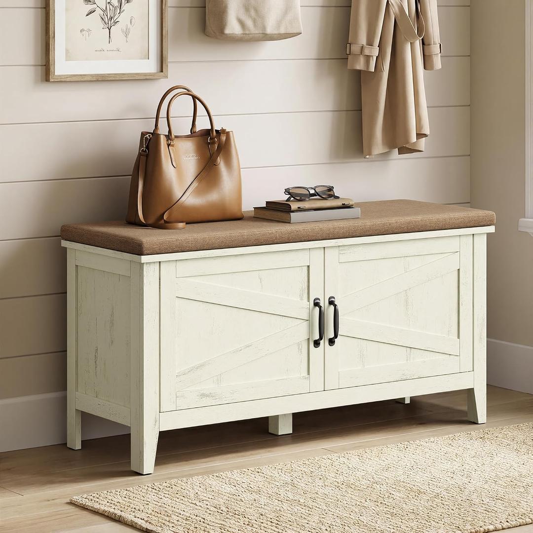 VASAGLE Shoe Bench, Farmhouse Entryway Bench with Cushion，39.4 inches Wide