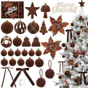 Christmas Ornaments Set, 38Pcs Brown Velvet Christmas Ornaments for Xmas Tree Decorations Shatterproof Hanging Flocked Balls Assorted for Indoor Home Party Holiday Decor Gifts