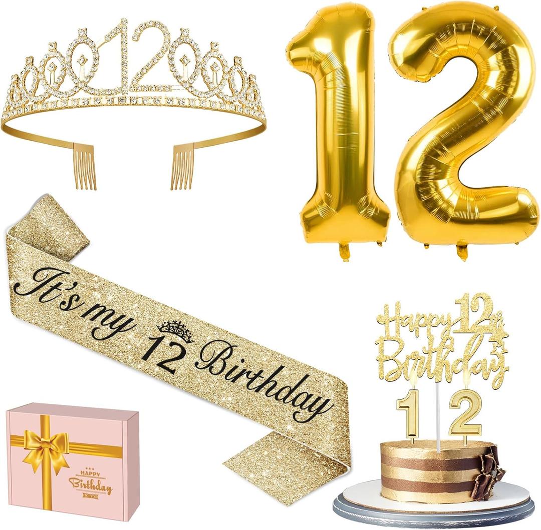 12th Birthday Decorations for Girls Gold with 12th Birthday Sash and Tiara, Candles and Cake Toppers, Number Balloons, 12 Year Old Gifts for Girl