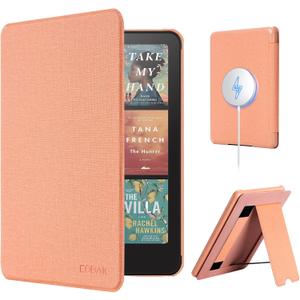 CoBak Lightweight Stand Case for 7" Kindle Paperwhite 12th Gen 2024 and Kindle Colorsoft with Right Hand Strap - Compatible with iPhone MagSafe, for Samsung/Belkin/Anker Wireless Charging Pads (Fabric Pink)