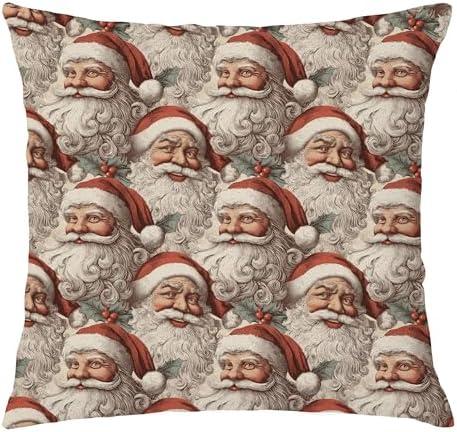 BUJSP Vintage Red Santa Pillow Covers 18x18 Double-Sided, Retro Christmas Decor, Funny Christmas Santa Claus Decorative Throw Pillow Covers for Home Bedroom Living Room