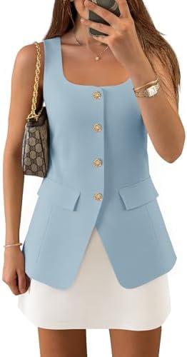 ZESICA Women's 2025 Summer Casual Sleeveless Suit Vest Square Neck Button Down Work Business Blazer Vests Waistcoat, M Sky
