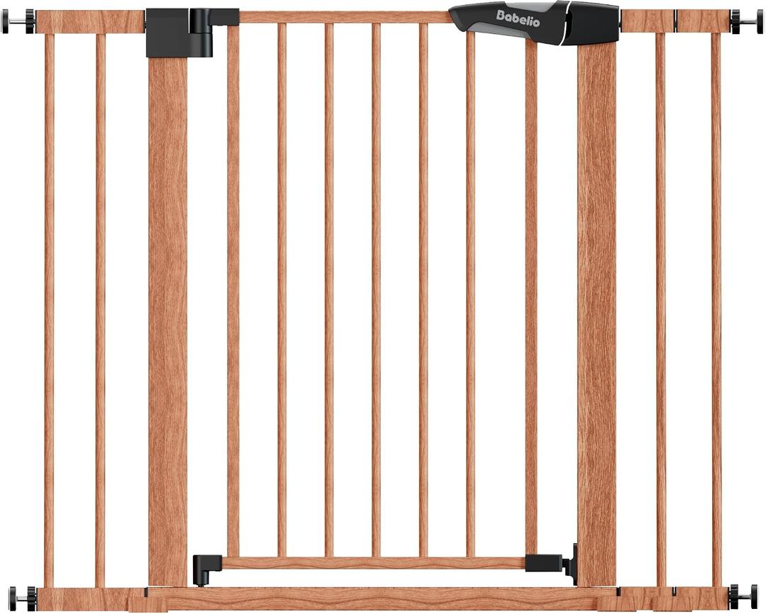 Mom's Choice Award Winner, Babelio 26-40" Metal Baby Gate with Wood Pattern, PressGuard C5 Easy Install Pressure Mounted Dog Gate for Stairs and Doorways, with Wall Protectors and Extension Kits