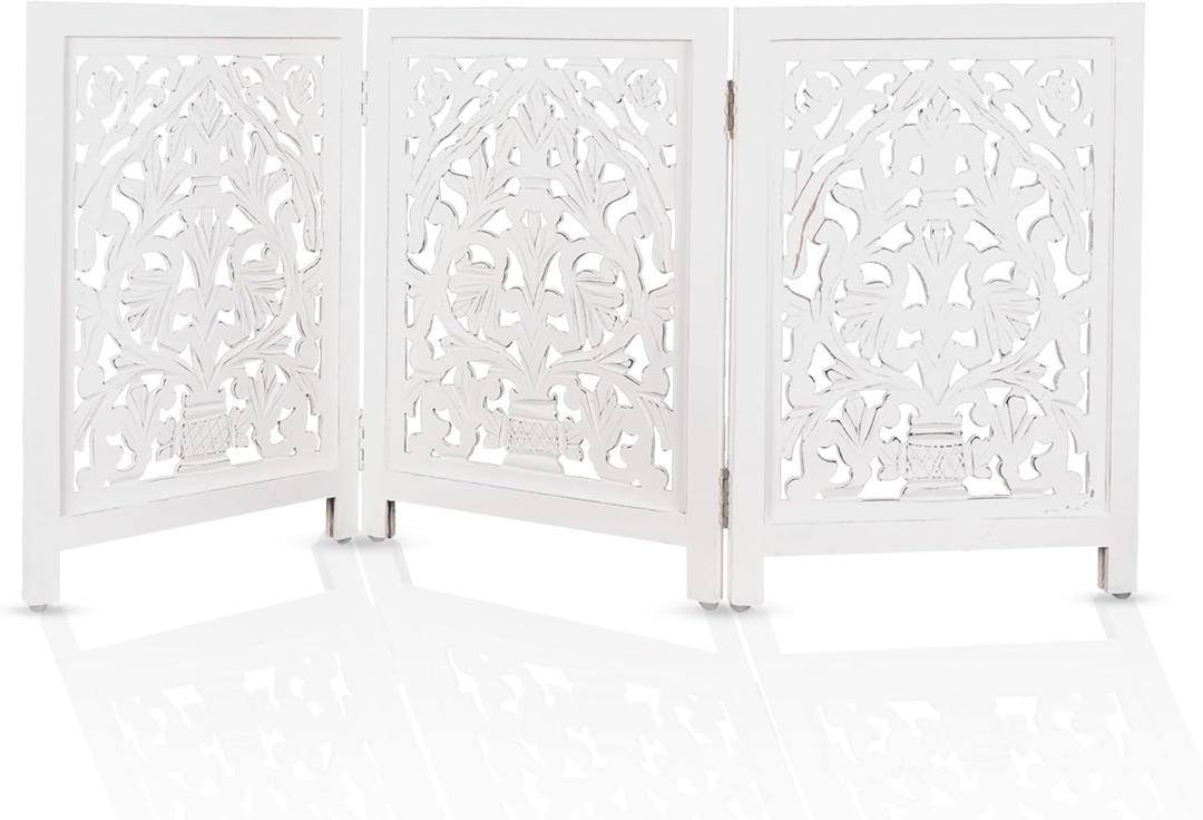 Decorative Wooden Pet Gate, Dog Fence, Cat Gate, Foldable, Adjustable, Portable, Extra-Wide, Wooden Dog Barrier, Free-Standing Puppy Gate 3 Panels for Indoor, Doorways, Stairs-24x54 Inch Antique White