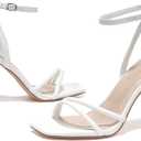 Women's Heels Strappy Ankle Strap High Heels 3.5 Inch Heeled Square Open Toe Sandals for Women (White)