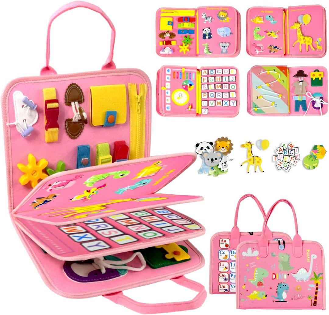 Qizfun Toddler Busy Board Montessori Toys  Sensory Busy Book, Educational Learning Travel Toy for Airplane & Car, Keeps Toddlers Engaged, Birthday Gifts for Toddler Girls