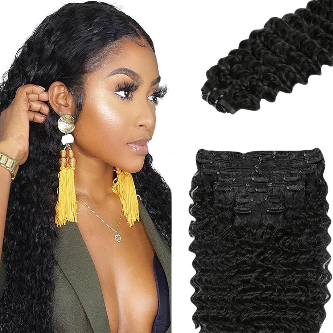 #1B Deep Wave Clip in Hair Extensions Real Human Hair, 26 Inch 120g/7Pcs,Full Shine Black Human Hair,Natural Black Clip ins Brazilian Virgin Human Hair Extensions