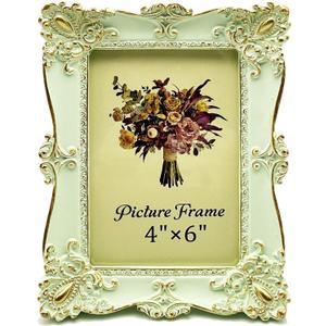 Vintage Picture Frame 4x6 Inch, Elegant Antique Photo Frames with Glass Front, Retro Carving, Tabletop & Wall Hanging, Photo Display, Gift Ideas, Green