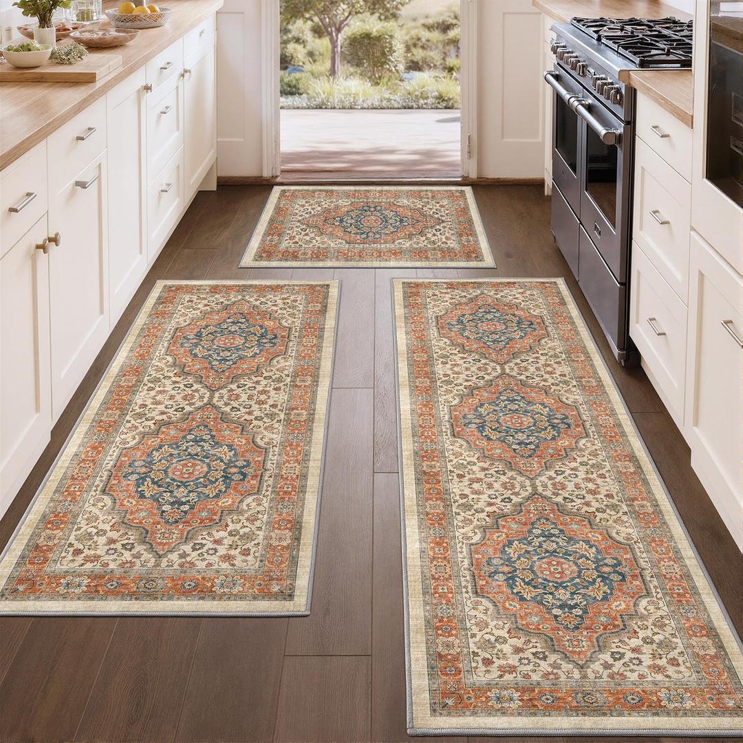 Color&Geometry Vintage Kitchen Rugs Sets of 3, Machine Washable 4mm Ultra Thin Stain Resistant Kitchen Floor Mats, Non Slip TPE Backing Runner for Sink,Hallway,Laundry,Entryway (2x3+2x5+2x7) (24"x36"+24"x60"+24"x84", Boho-brown)