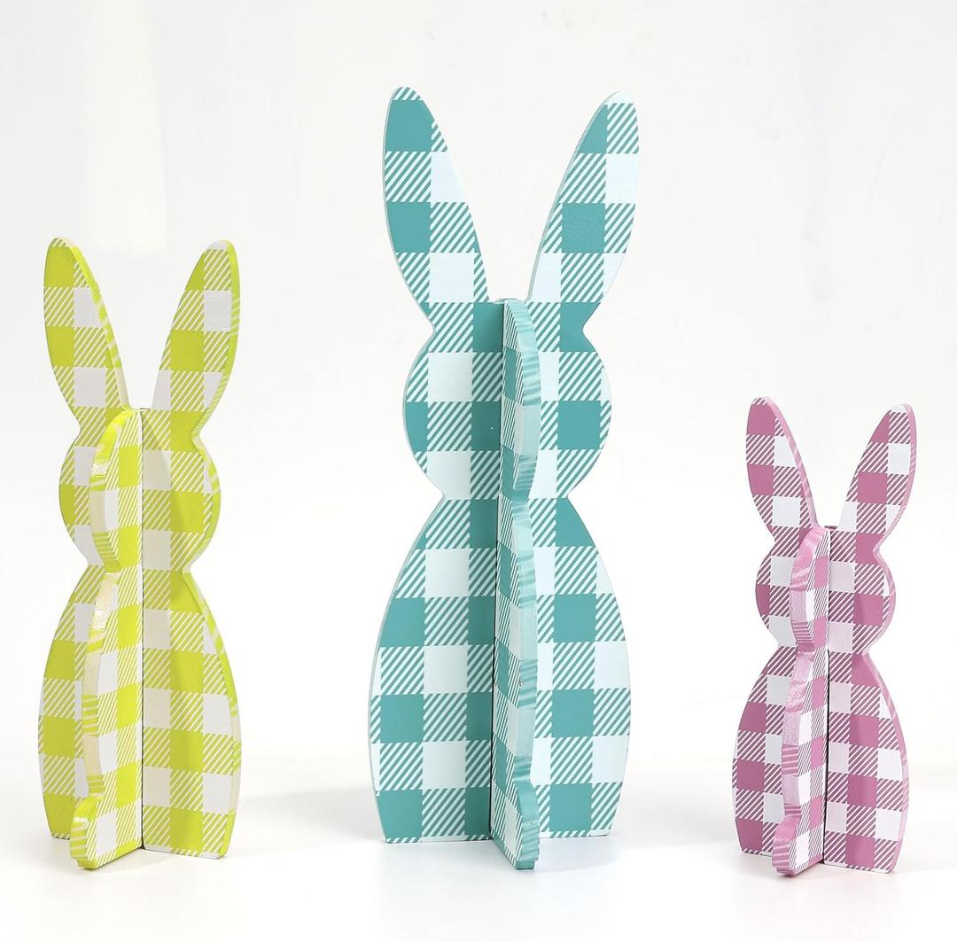 Easter Bunny Table Decorations, 3-Piece Wooden Bunny Decor Set, Cute Easter Centerpiece for Table Shelf Living Room Kitchen, 5-8 Inch MDF Bunny Decorations for Spring Home Dcor