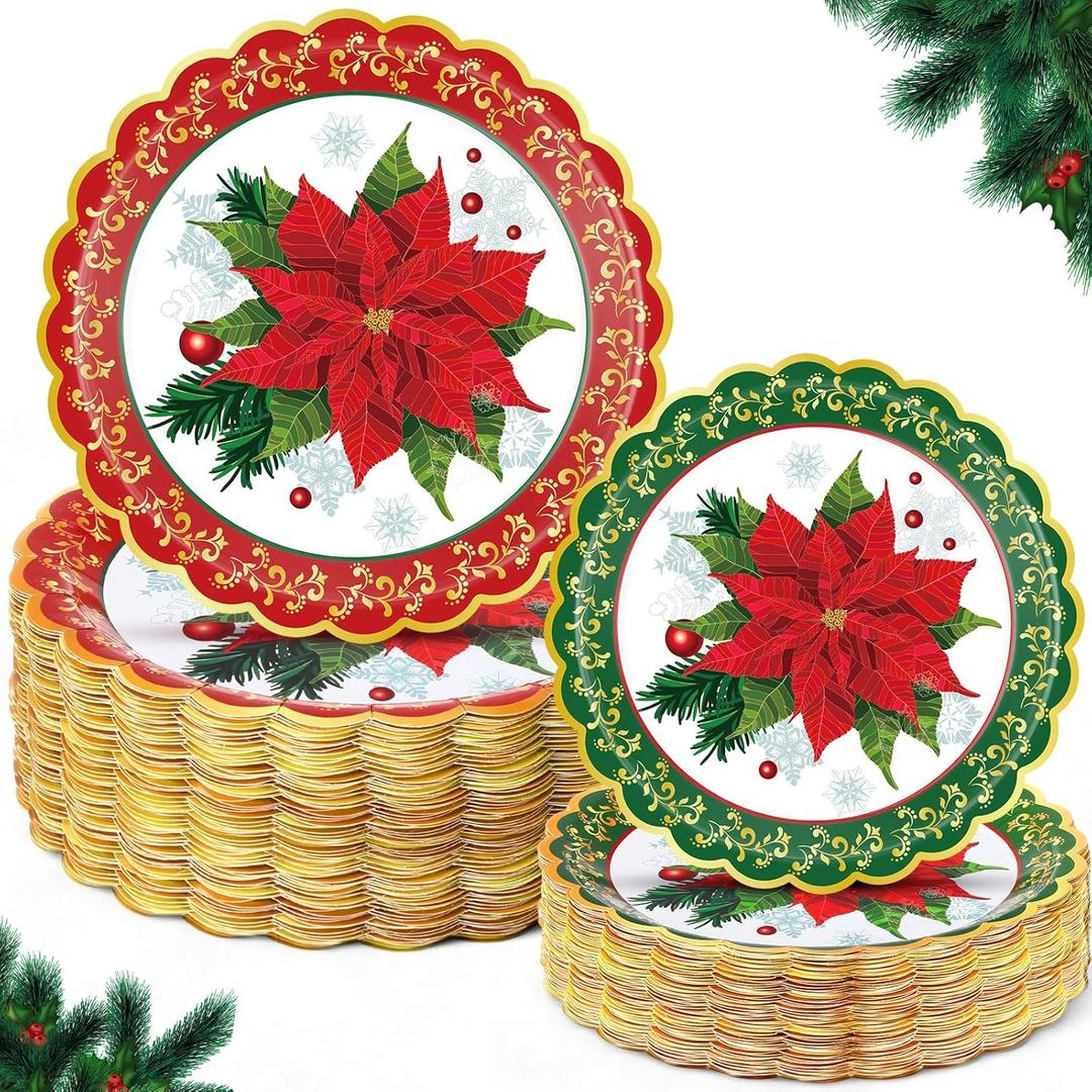 Havawish 100 Pcs Christmas Paper Plates Set, 7 in 9 in Red and Green Poinsettia Flower Disposable Scalloped Paper Plates with Gold Foil for Xmas Party Dinnerware Supplies