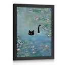 Framed Fantasy Monet Water Lilies Wall Art,Funny Black Cat Decor 16x24In