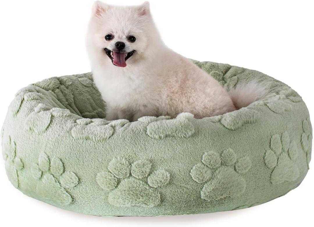 23 Inch Calming Dog Bed for Small Dogs Cats, Kitty Puppy Round Anti-Anxiety Warm Bed, Soft Cozy Anti-Slip Donut Washable Pet Bed, Fits up to 30 lbs Pets (Green Paw)