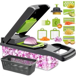 14-in-1 Vegetable Chopper with Container Veggie Chopper with Container and Lid Includes 6 Blades, Cheese Grater, Egg Separator | Finger Guard, Dishwasher Safe Veggie Dicer for Chips, Cubes, Strips