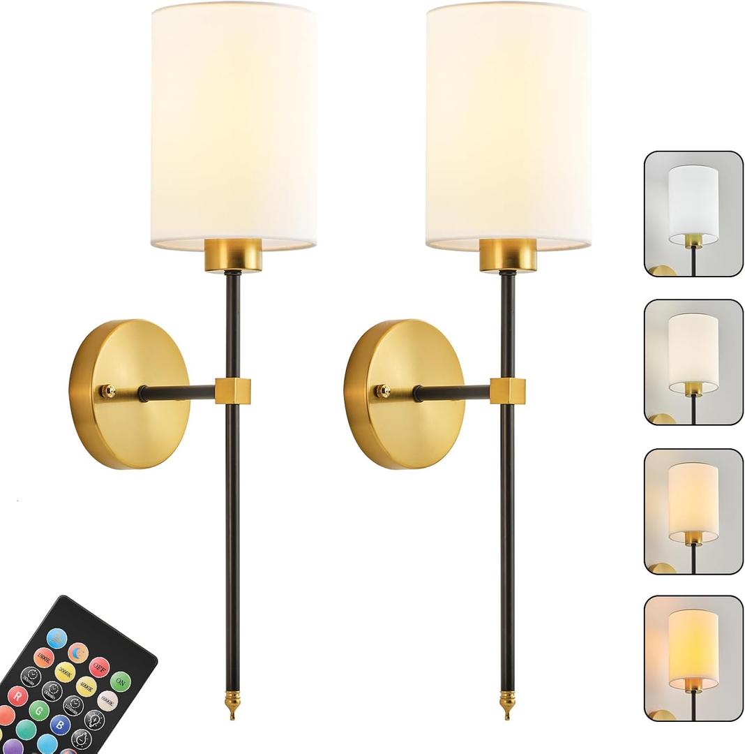Battery Operated Wall Sconce Set of Two, Wireless Rechargeable Wall Light With Remote Control, Dimmable, 4 Color Temperatures, RGB, Timer, for Living Room,Bedroom,Entryway, Black Gold, 26.8 Inch
