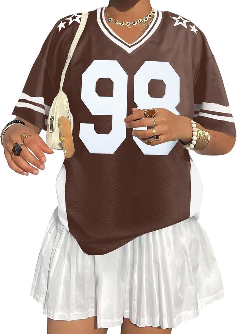 Jersey Shirts for Women Oversized V Neck Tshirt Number Graphic Shirt Casual Y2k Streetwear Tee Tops (Brown, S)