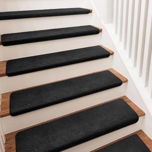 PURE ERA Bullnose Carpet Stair Treads Ultra Plush Black 14 Pcs | 36x9.5 Inch Self Adhesive Non Slip Soft Stair Carpet for Wooden Step Indoor, Reduce Noise for Stairs, Washable and Reusable