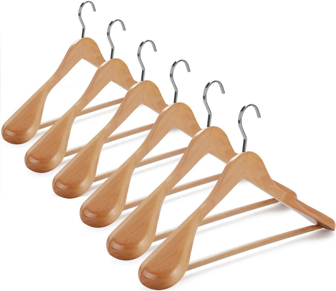 TOPIA HANGER Set of 6 Luxury Natural Wooden Coat Hangers, Premium Wood Suit Hangers, Glossy Finish with Extra-Wide Shoulder, Thicker Chrome Hooks & Anti-Slip Bar CT02N