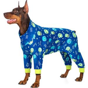 Large Dog Pajamas Pet Recovery Shirt Dog Pjs Cute Lightweight Stretchy Knit Pullover Large Dogs Pajamas Onesie for Small, Medium and Large Breeds (XXXX-Large (75-95lb), Blue Jellyfish)