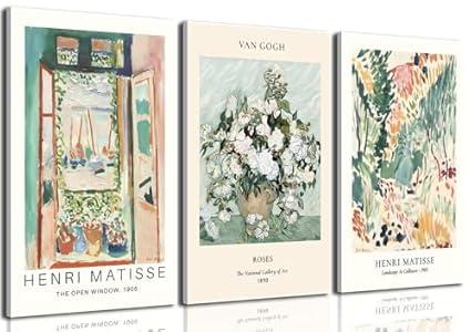 Framed Sage Green Matisse Wall Art Set of 3 Vintage Vin Gogh Flower Market Posters Retro Open Window Canvas Prints Abstract Aesthetic Artwork Painting Picture Decor for Living Room Bedroom 12x16in