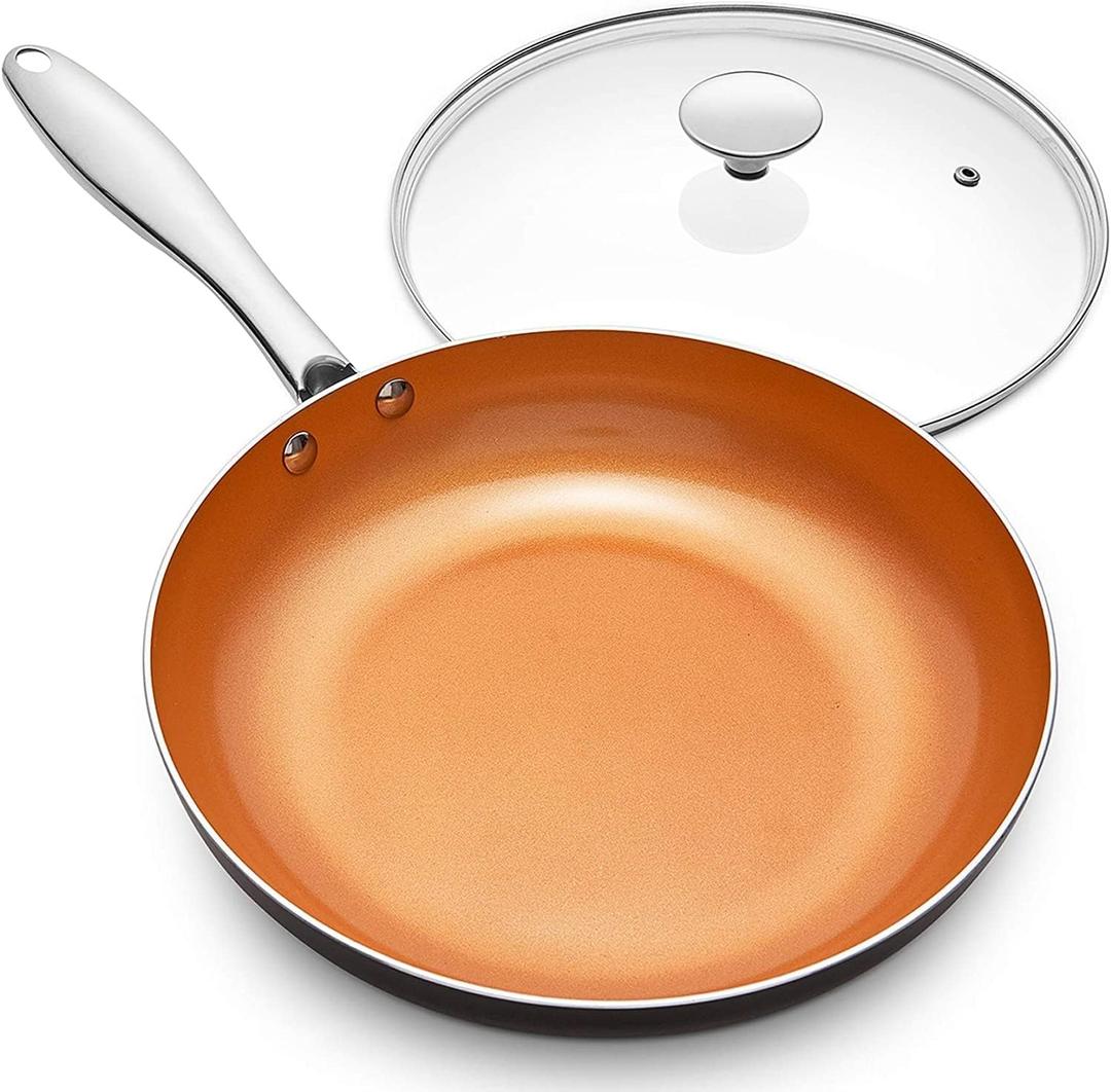 MICHELANGELO Frying Pan with Lid, Nonstick 8 Inch Frying Pan with Ceramic Titanium Coating, Copper Frying Pan with Lid, Small Frying Pan 8 Inch, Nonstick Frying Pans (Orange)