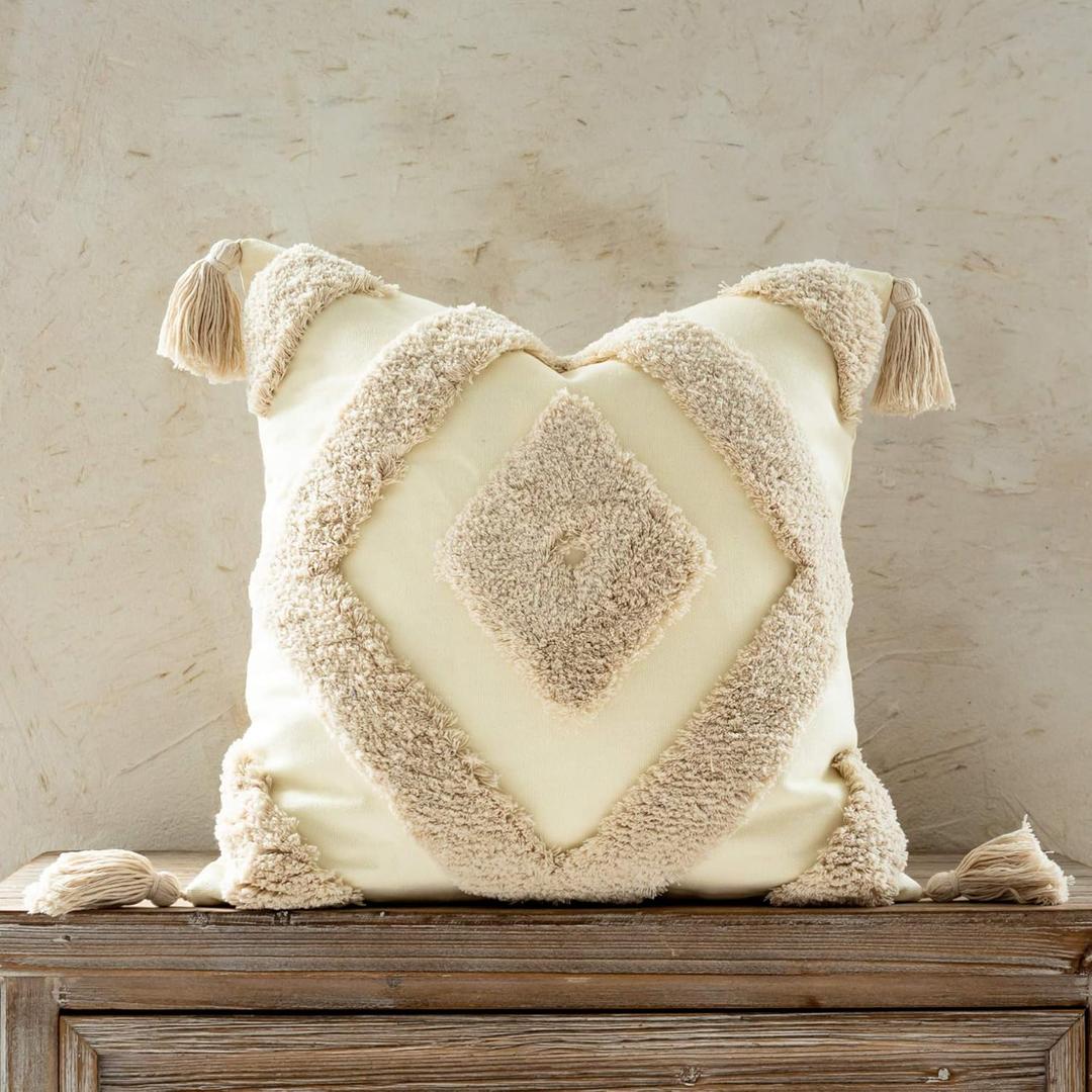 Woven Tufted Boho Throw Pillow Cover, Modern Decorative Geometric Diamond Chevron Square Cushion with Tassels, Farmhouse Tribal Pillowcases for Couch Sofa Bedroom Living Room, 18 x 18 Inches, Ivory