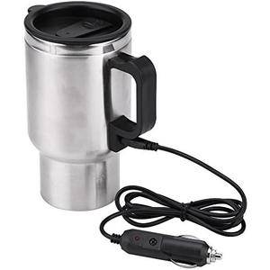 Electric Car Kettle, 16 Oz Stainless Steel Heated Travel Mug Water Boiler Portable in-car Heating Cup Coffee Tea Warmer Cup Thermoses Powered by 12V Cigarette Lighter Plug, 450ML