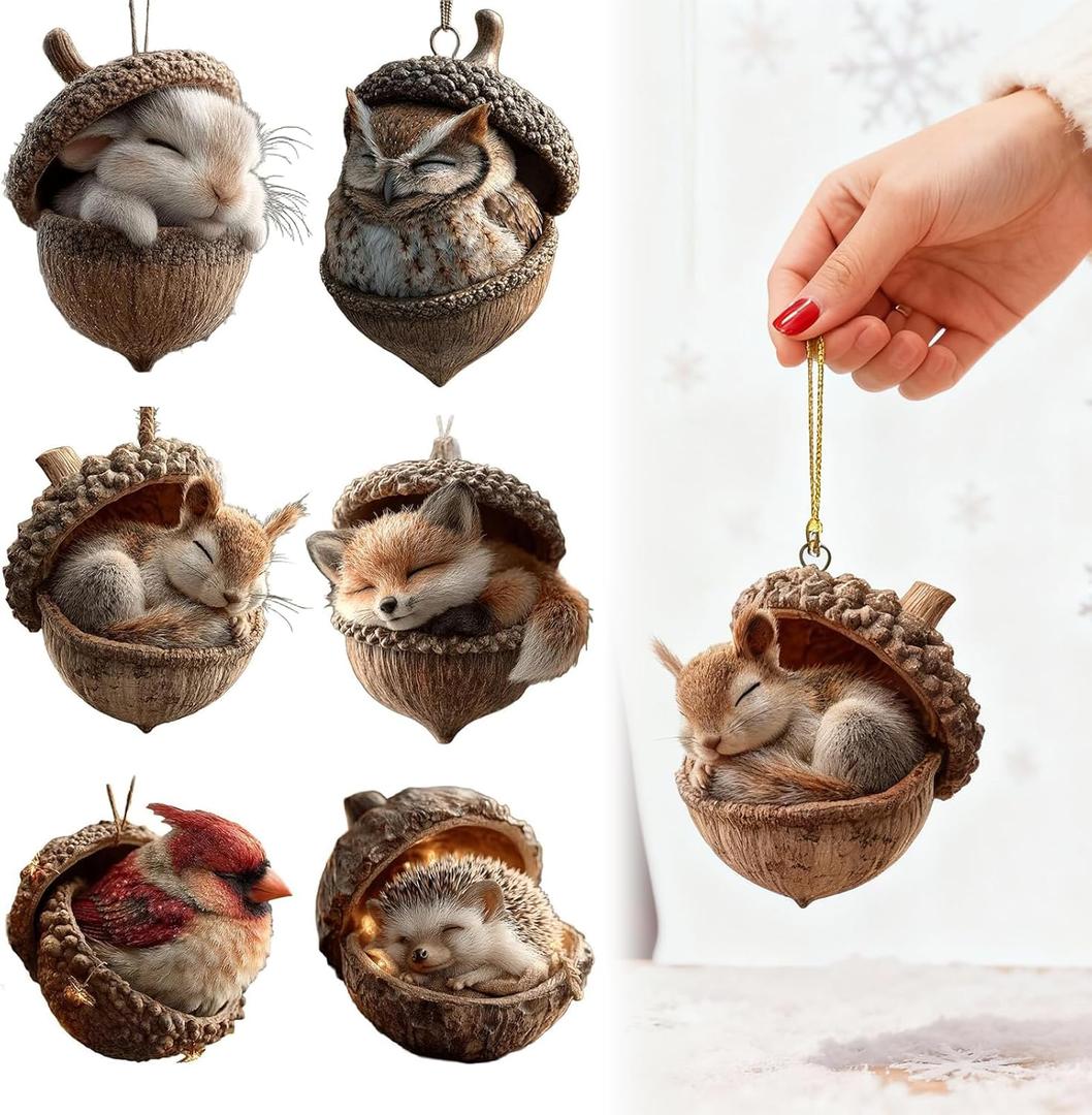 6Pcs Enchanted Forest Animal Ornament Set, Whimsical Acorn & Pine Cone Figurines for Christmas Tree, Cozy Woodland Theme 2D Acrylic Decor for Home, Gift for Nature Lovers
