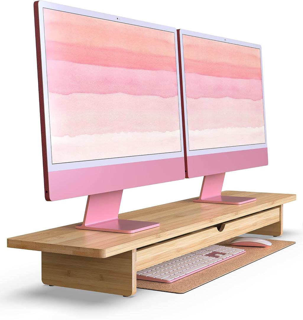 42" Dual Monitor Stand Riser with Large Drawer Keyboard Storage