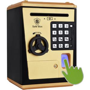 Kids Safe Bank with Fingerprint Password Talking ATM Piggy Bank for Real Money Toy Gift for 5-14 Years Old Boys Girls (Golden)