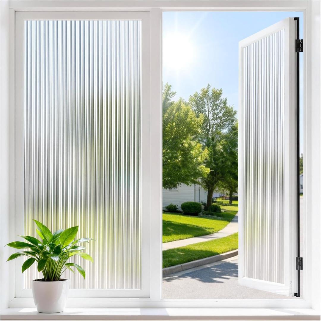 Haton Reeded Glass Window Privacy Film, Static Cling Non-Adhesive Frosted Film, UV Blocking Heat Control Removable Window Sticker for Bathroom Door Home Office, 35.4" x 157.4"