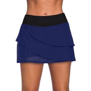 Aleumdr Women's Waistband Layered Swimdress Ruffle Swim Skirt Swimsuit Bottom (Large, Blue Black)