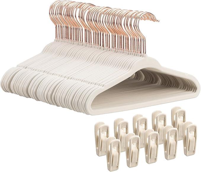 Tonswachic 50Pack 11 Inch Baby Closet Hangers with 10 Clips  Soft Velvet NonSlip Hangers for Infant & Toddler Clothes (Beige)
