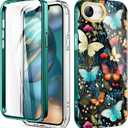 Hocase for iPhone 17e Case/iPhone 16e Case, (with Built-in Screen Protector) Shockproof Slim Soft TPU+Hard Plastic Full Body Protective Case for iPhone 17e/16e 6.1" - Butterflies in Garden