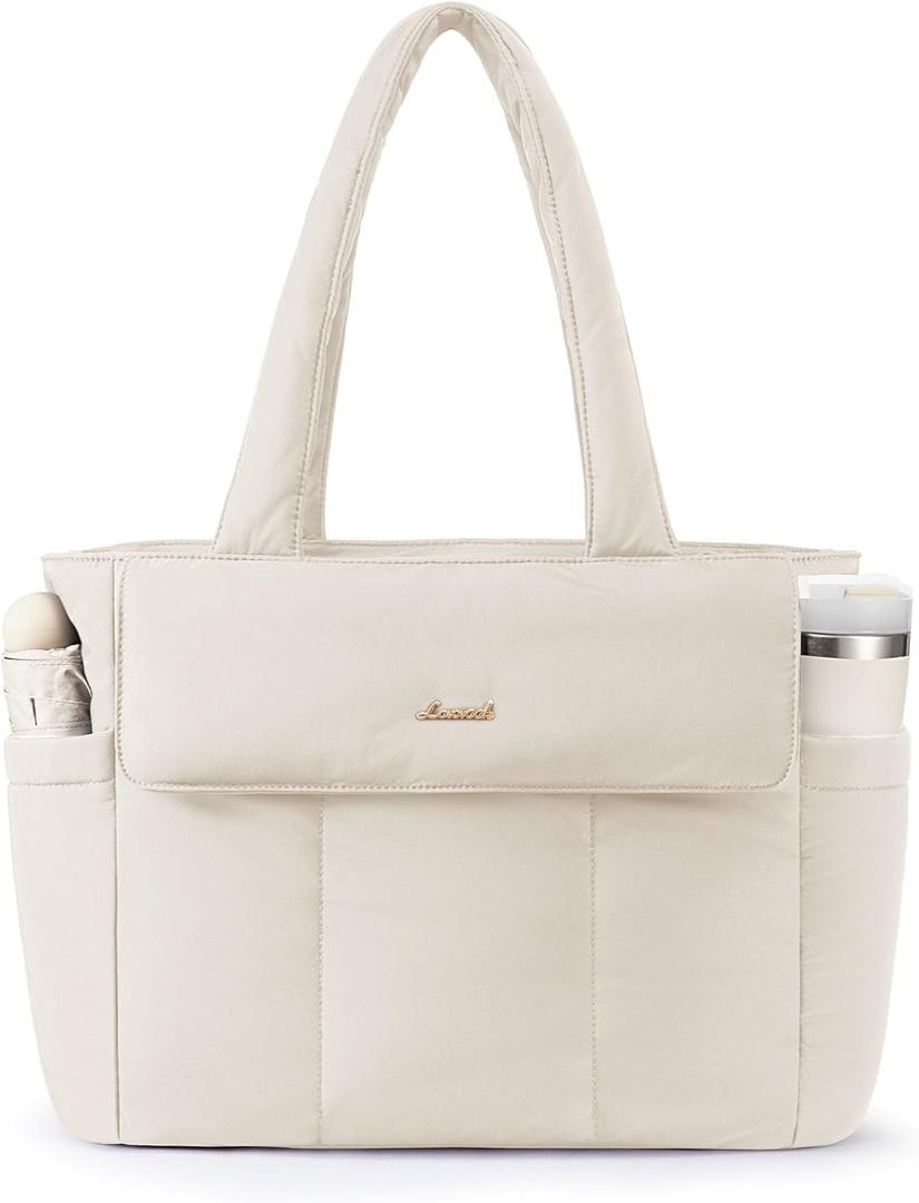 LOVEVOOK Laptop Bag for Women Puffer Work Tote Bags Lightweight Large Computer Bag Purse for Teacher Nurse Travel Daily (17.3 INCH, Beige)