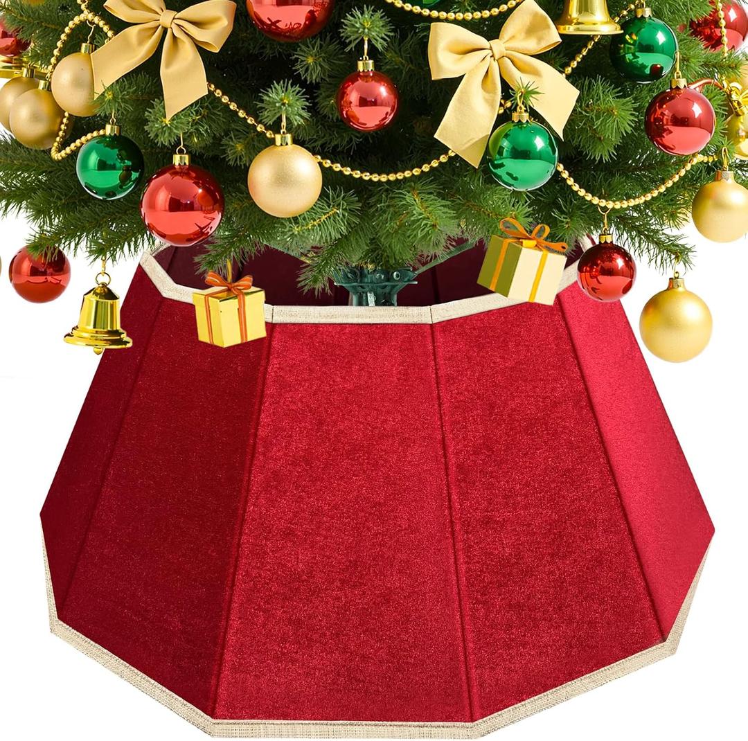 DeckTheHalls Christmas Tree Skirt, Velvet Foldable Christmas Tree Collar, Xmas Tree Skirt for Artificial Christmas Trees Decoration, Festive Holiday Decor for Home, Party, Store (Red)