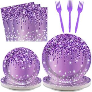 96 Pcs Purple Silver Tableware Set for Birthday Party Decor Disposable Dessert Plates Napkins Forks for 24 Guests Elegant Purple Tableware for Women Girls Baby Shower Bridal Shower Party Supplies