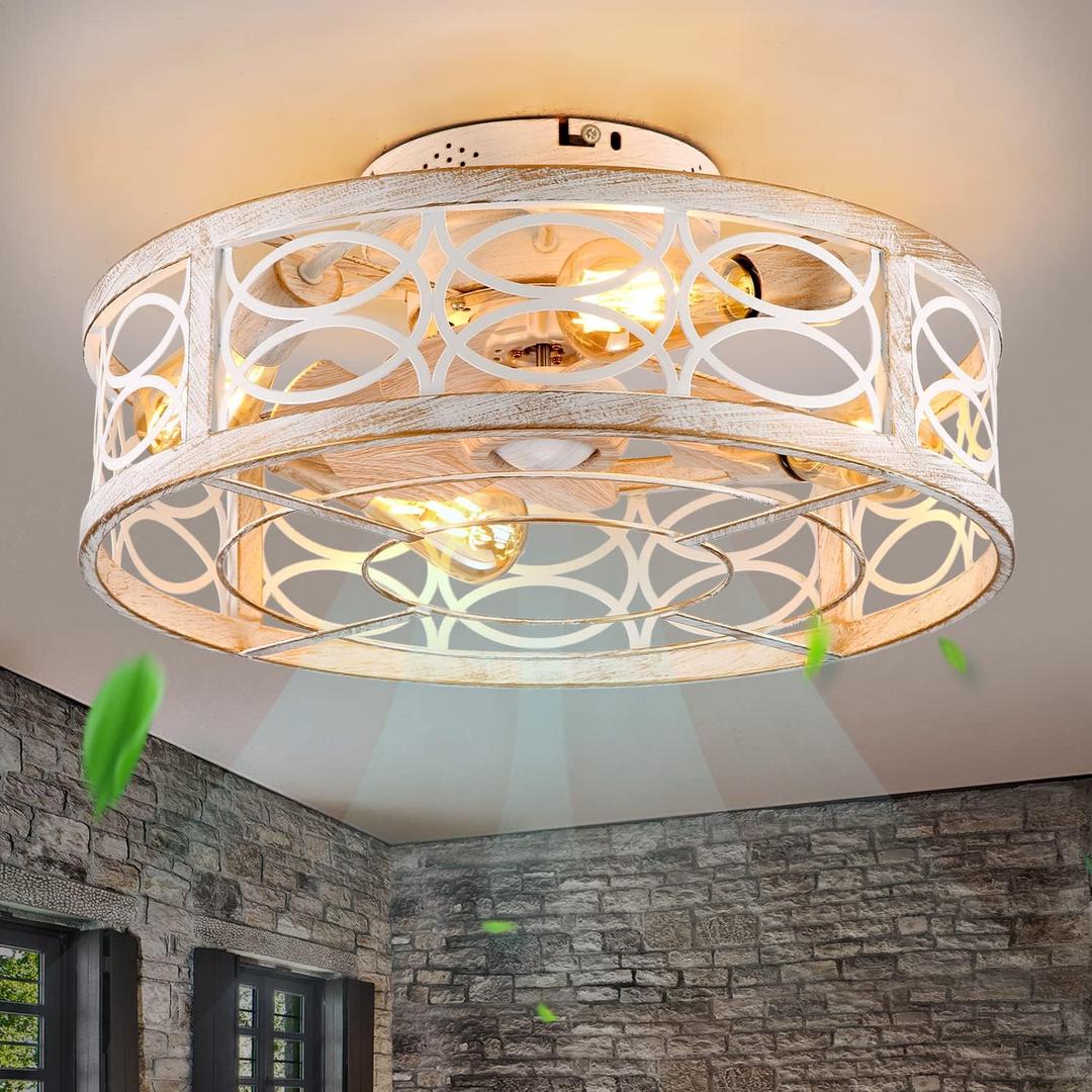 20" Caged Ceiling Fan with Light and Remotebladeless Ceiling Fan 6 Speed Reversible with 4 Bulbs and Remote Control. with Lights for Bedroom, Dining Room (White Brush GoldIncludes bulbs)