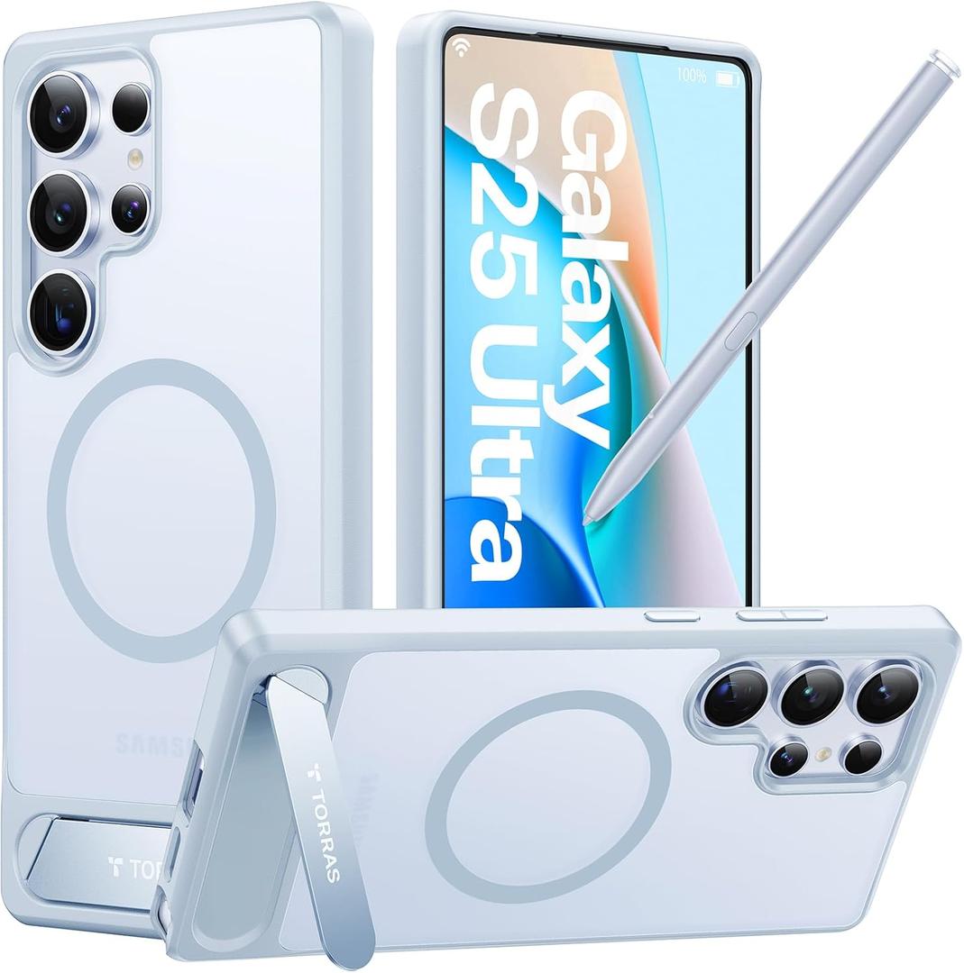 TORRAS Strong Magnetic & Seamless Stand for Samsung Galaxy S25 Ultra Case, Fit for MagSafe, Mil-Grade Drop Protection, Kickstand for Samsung Galaxy S25 Ultra Case, Translucent Back/Silverblue Edge