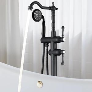 Freestanding Tub Faucet Sets, JetsBath Floor Mount BathTub Filler with 360° Swivel Spout & Handheld Sprayer, Matte Black Floor Mount Bathtub Faucet Single Handle with Supply Hose