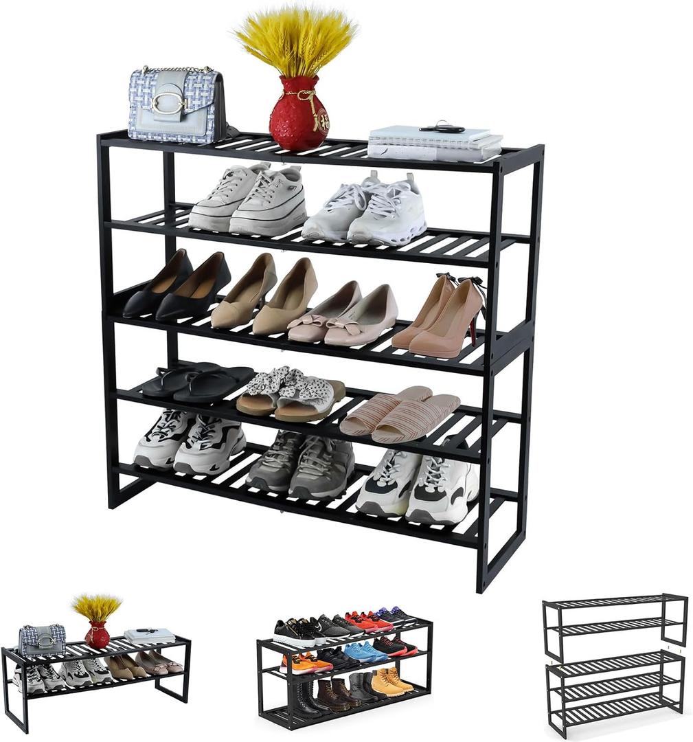 Shoe Rack Bamboo 5 Tier Shoe Organizer, Storage 20-25 Pairs for Closet Entryway, Stackable Large Tall Shoe Shelf Holder Stand Cubby for Door Hallway Bedroom Garage (5-tier-long/32.5*10.5*30.3in)