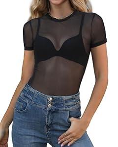 WIHOLL See Through Tops for Women Black Short Sleeve Summer Sheer Mesh Sexy Bodysuit Trendy Loose Fitted Blouse XL