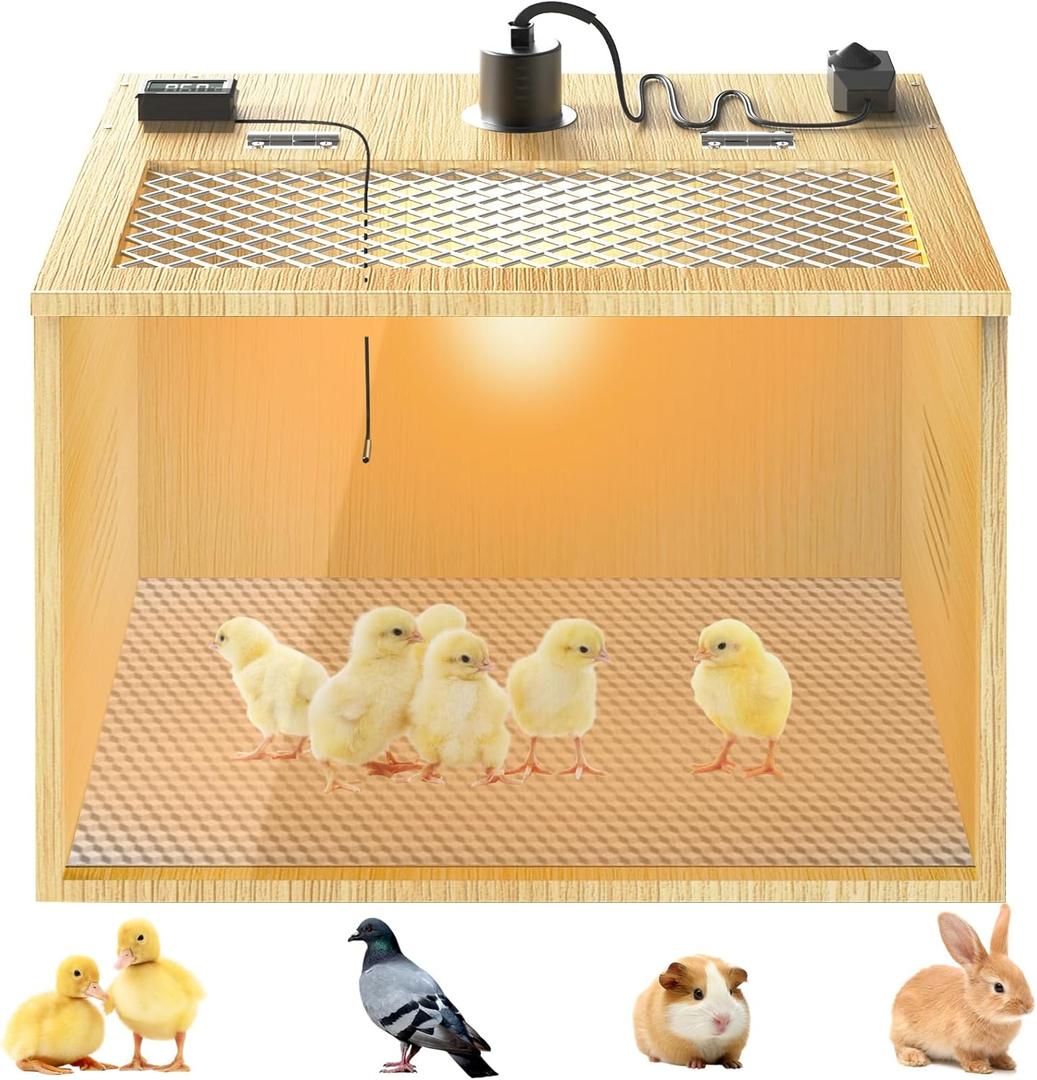 Brooder Box for Chicks, 16 Inch Wooden Chicken Brooder Box with 75W Heat Lamps, Thermometer and Tin Foil, Poultry Breeding Kit, Ideal for 3-5 Newborn Chick Duck Quail Bird Hamster, Small