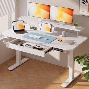 COMHOMA Electric Standing Desk with Drawers, 48 x 24'' Sit Stand up Desk with Monitor Stand, Laptop Stand, Height Adjustable Ergonomic Home Office Computer Desk with Memory Preset Controller (Ivory White)