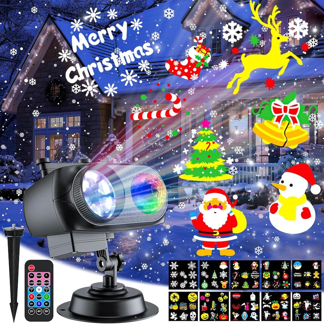 Christmas Projector Lights Outdoor 2025 Upgraded, 4/6/8 Theme Patterns Adjustable Snowflake Projector with Timer, 2 in 1 LED Holiday Projector Lights for Christmas, Halloween Decoration