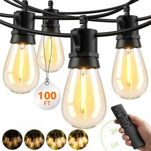 Outdoor String Lights LED Patio-Light - 100Ft Outside Waterproof Dimmable Porch Lights with Remote Shatterproof S14 Bulbs Outside Hanging Light Connectable Lighting for Gazebo Backyard Bistro Pergola