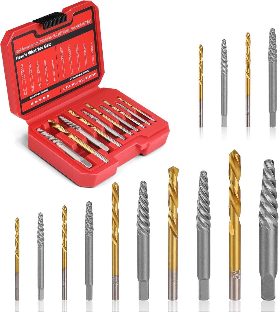 14 Pieces Screw Extractor Set, 35# Cr-Mo & 6542 HSS Steel Cobalt Left Hand Drill Bits Set for Removing Stripped Screws and Broken Bolts Ez Out Screw Extractor Set Broken Bolt Extractor Kit