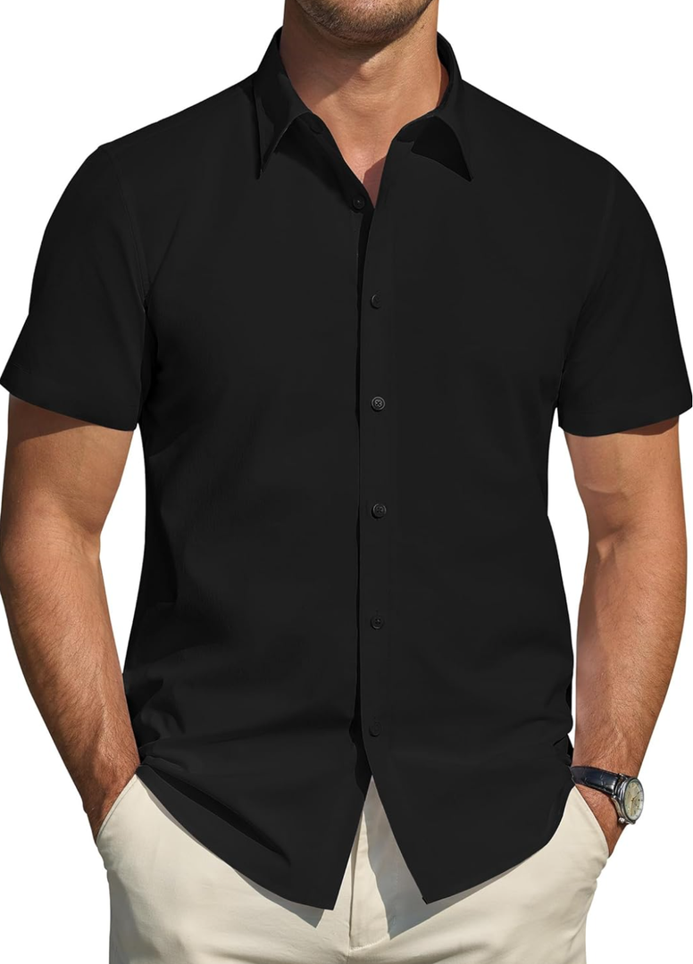 J.VER Men's Short Sleeve Dress Shirts Stretch Stain Shield Casual Button Down Shirts Solid Formal Shirt 3XL, Black